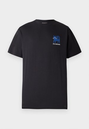Black cotton t-shirt with short sleeves. Features a blue printed design of a cat and text on the left side of the chest area.