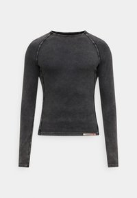 Tričko s dlhým rukávom tmavosivej farby, s okrúhlym výstrihom, žebrovanými manžetami a vyblednutou textúrou. Na spodnej časti štítok s detailom značky.