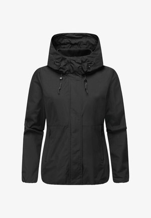 Črna lahka jakna z kapuco na vrvico, z zippered sprednjimi žepi in elastičnimi manšetami. Gladka tkanina z rednim krojem.