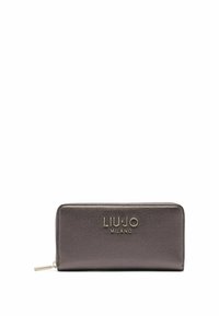 Tamno siva teksturirana kožna novčanica s zatvaranjem na zip, s zlatno utisnutim logotipom "LIU JO MILANO" sprijeda i metalnim povlačenjem za zatvarač.