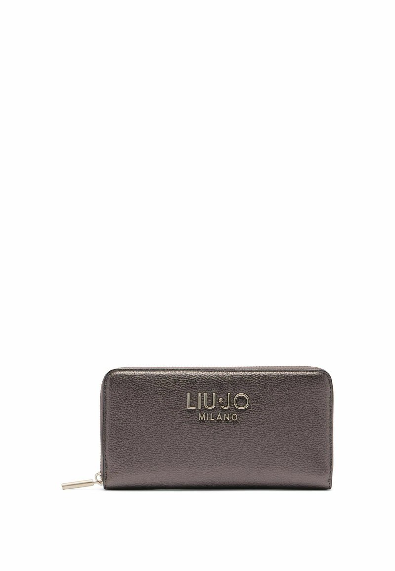 Tamno siva teksturirana kožna novčanica s zatvaranjem na zip, s zlatno utisnutim logotipom "LIU JO MILANO" sprijeda i metalnim povlačenjem za zatvarač.
