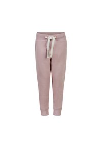 Pink cotton sweatpants with a ribbed waistband, drawstring closure, and cuffs at the ankle. Smooth texture and relaxed fit.