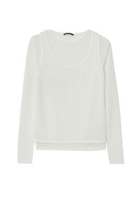 Weißer langärmeliger Pullover aus strukturierter Stoff. Verfügt über einen runden Halsausschnitt und einen cropped Saum mit einem leichten Seitenschlitz. Ohne Muster oder Akzente.