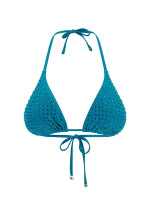 Tyrkysový bikiny top s trojúhelníkovými košíčky, ozdobený zelenými kamínky, s nastavitelnými šňůrkami na krku a zádech pro bezpečné nošení.