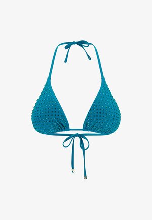 Tealowy stanik bikini z trójkątnymi miseczkami, ozdobiony zielonymi zdobieniami, z regulowanymi sznurkami na szyi i plecach zapewniającymi bezpieczne dopasowanie.