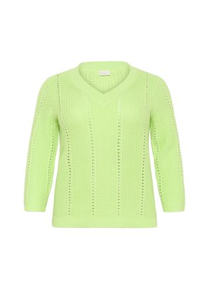 Šviesiai žalia megzta puloverio megztinis, turintis V formos kaklą, tris ketvirčius rankoves ir tekstūrinį raštą su vertikaliomis atviromis siūlėmis.