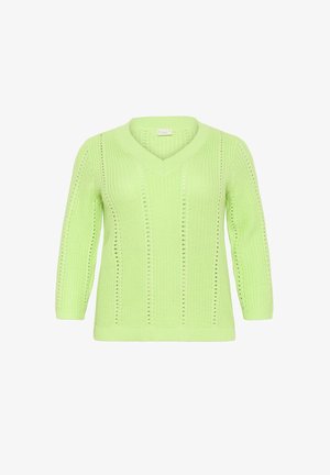 Gehaakt pullovertrui in lichtgroen, met een V-hals, driekwartmouwen en een gestructureerd patroon met verticale open steken.