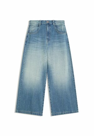 Jeans a gamba larga in denim azzurro chiaro con un effetto sbiadito, dotati di vita alta, passanti per cintura e design a cinque tasche. Taglio dritto all'orlo.