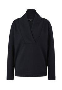 Pull noir à manches longues avec col châle profond en V et coupe décontractée, conçu pour un usage casual.