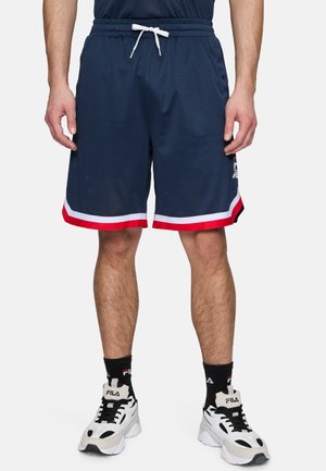 Pantaloni corti da basket in mesh di colore blu navy con orlo a strisce bianche e rosse, vita elastica, cordoncino e logo dettagliato sul lato.