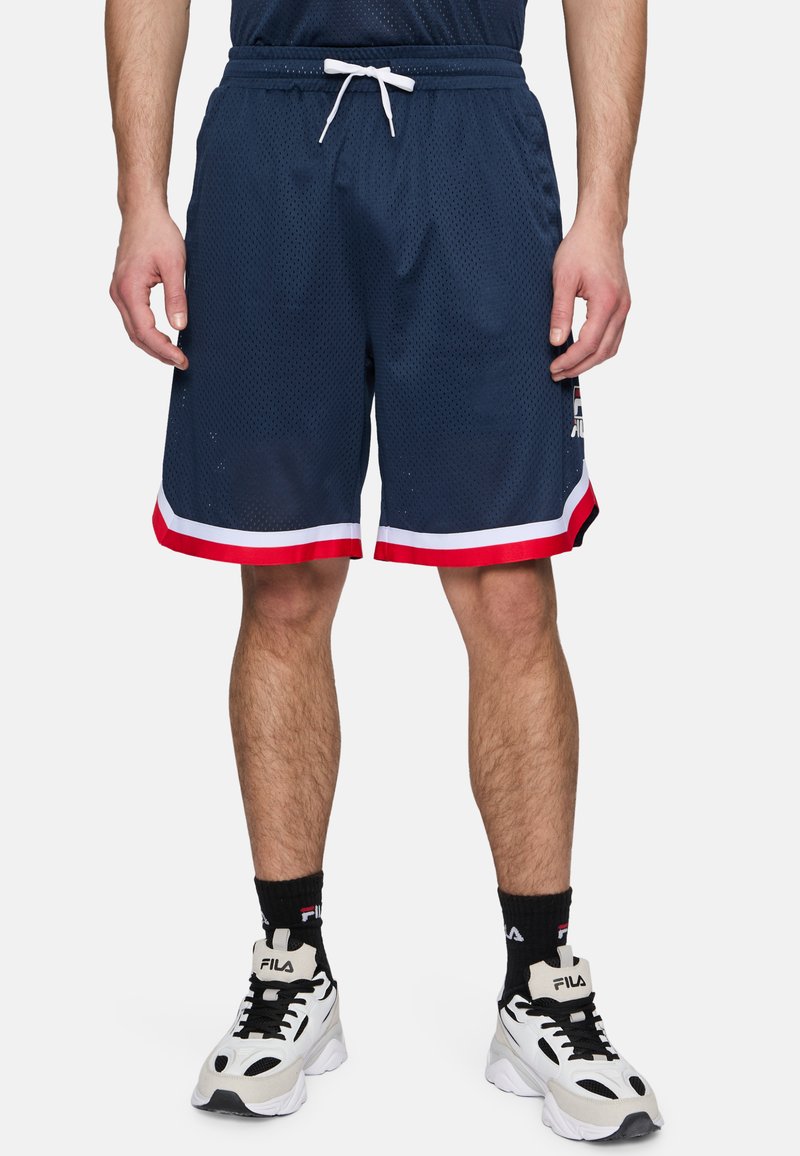 Pantaloni corti da basket in mesh di colore blu navy con orlo a strisce bianche e rosse, vita elastica, cordoncino e logo dettagliato sul lato.
