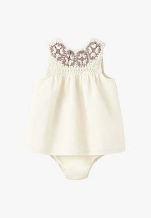 Robe bébé sans manches couleur crème avec détail crochet floral beige et gris sur le plastron et culotte attachée.