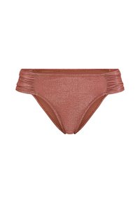 Μεταλλικό κάτω μέρος μπικίνι σε ροζ χρυσό, με πτυχές στα πλευρά, λεία υφή και κλασικό σχήμα βρακάκι. Κατάλληλο για μαγιό.
