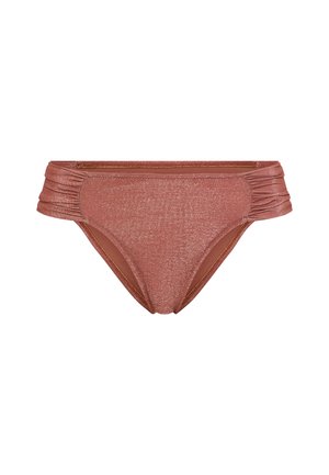 Rožinio aukso metalo spalvos bikini apačia su susmulkintais šonais, lygiu paviršiumi ir klasikinės formos trumpikėlėmis. Tinka maudymosi kostiumėliams.