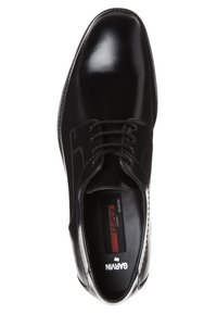 Scarpa da uomo in pelle nera con finitura lucida, punta arrotondata e design tradizionale con lacci. Include marchio sulla soletta.