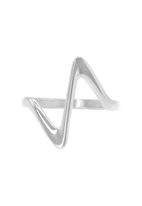 Silberner Ring mit Wellenmuster und glatter, polierter Oberfläche. Er verfügt über ein minimalistisches Design, das in einem Zickzackmuster mit einem offenen Band geformt ist.