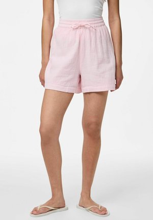 Pantaloni corti in tessuto intrecciato di un rosa chiaro, con vita elastica e coulisse. Presentano una vestibilità comoda e una lunghezza fino a metà coscia. Texture liscia.