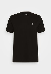 Black cotton t-shirt, short sleeves, crew neckline, featuring a small white logo on the left chest, simple design, smooth texture.