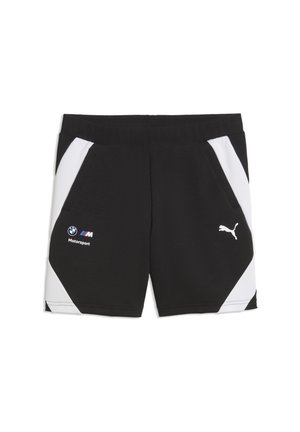 Schwarze Shorts mit weißen Seitenpaneelen, BMW Motorsport- und Puma-Logos vorne, ausgestattet mit einem elastischen Bund und Fronttaschen.