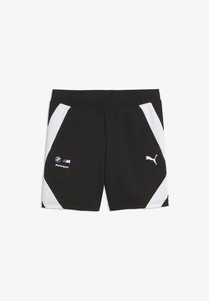 Shorts noirs avec panneaux latéraux blancs, logos BMW Motorsport et Puma à l'avant, dotés d'une taille élastique et de poches avant.