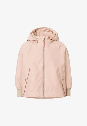 Giacca con cappuccio rosa chiaro con cerniera frontale, due tasche con bottoni a pressione e polsini a costine sulle maniche.