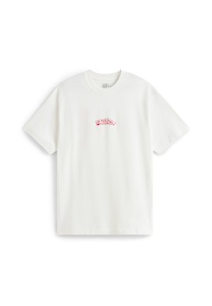 T-shirt bianco a maniche corte con colletto rotondo, caratterizzato da un piccolo logo rosso "Off The Wall" centrato sul petto.