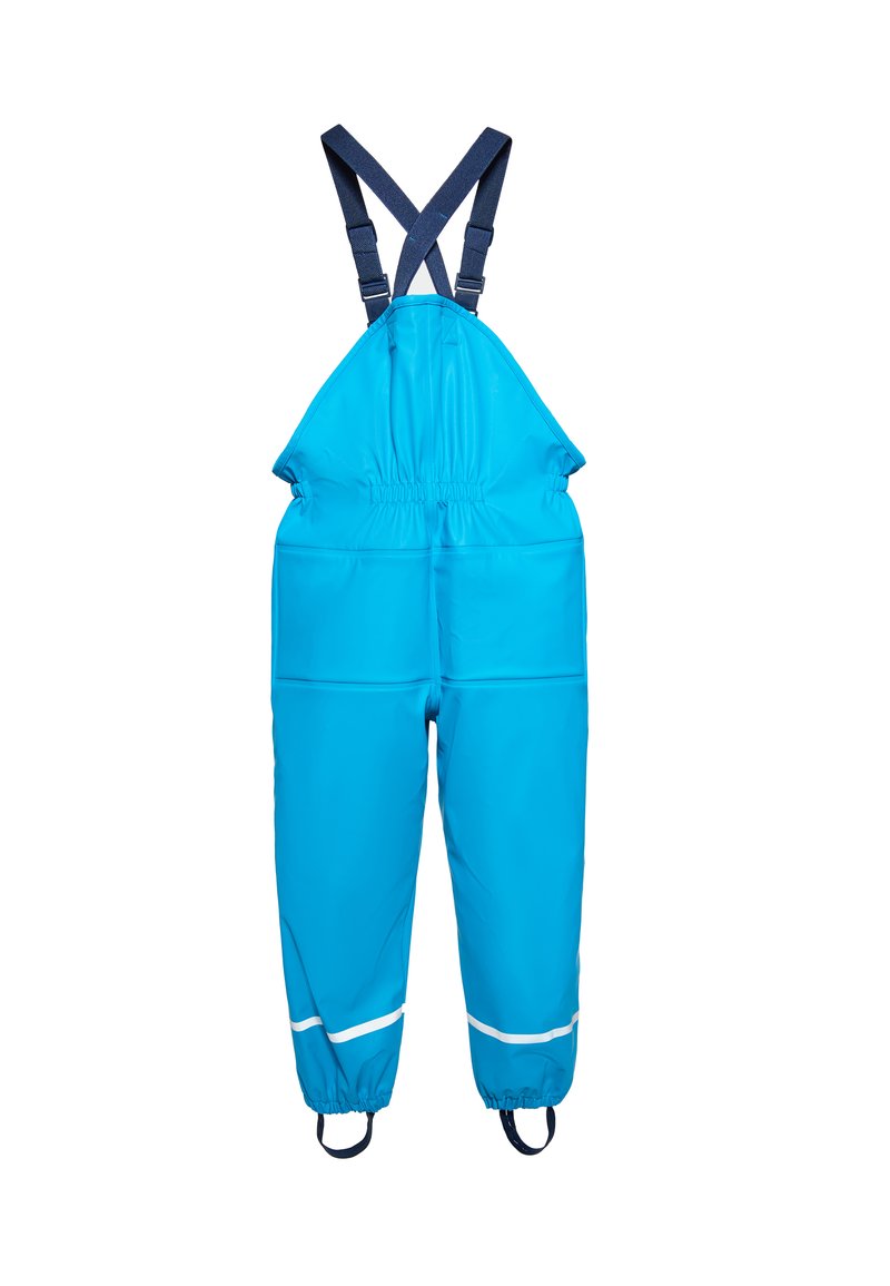 Mėlynos nepralaidžios per pavyzdžių su reguliuojamomis tamsiai mėlynomis petnešomis, elastinga juosmens juosta ir baltomis atspindinčiomis juostelėmis ant apatinių kojų. Lygus, blizgantis paviršius.