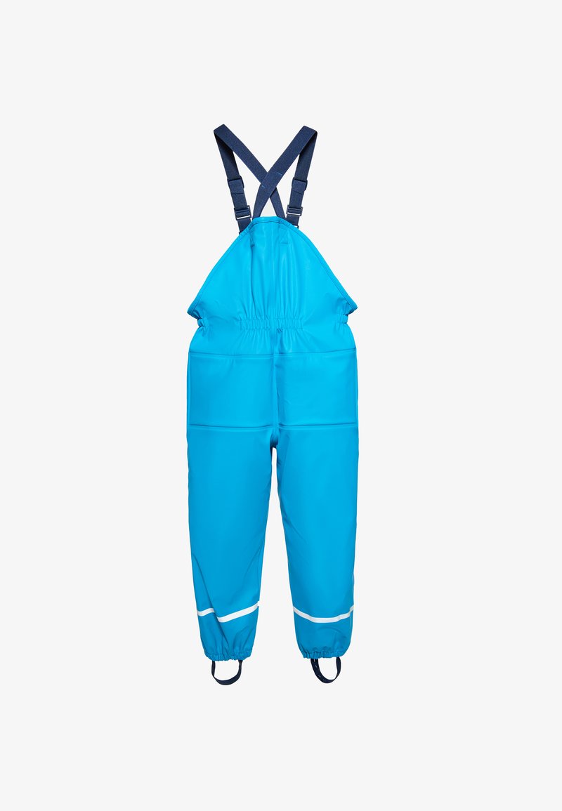 Mėlynos nepralaidžios per pavyzdžių su reguliuojamomis tamsiai mėlynomis petnešomis, elastinga juosmens juosta ir baltomis atspindinčiomis juostelėmis ant apatinių kojų. Lygus, blizgantis paviršius.