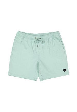 Shorts de bain vert clair avec taille élastique, cordon de serrage, poches latérales, et un petit logo circulaire noir sur la partie avant droite.