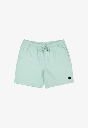 Jasnozielone spodenki kąpielowe z elastycznym pasem, sznurkiem do wiązania, bocznymi kieszeniami oraz małym czarnym okrągłym logo z przodu na prawej nogawce.