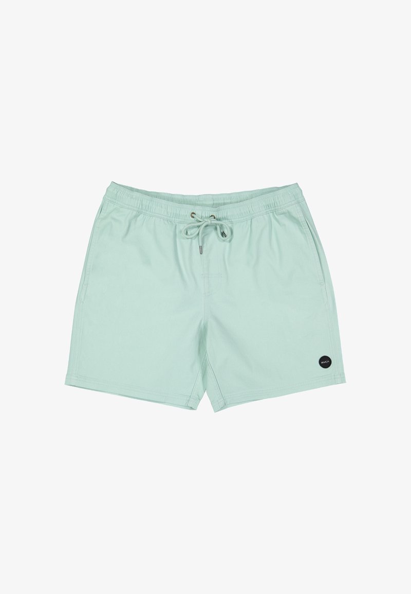 Jasnozielone spodenki kąpielowe z elastycznym pasem, sznurkiem do wiązania, bocznymi kieszeniami oraz małym czarnym okrągłym logo z przodu na prawej nogawce.