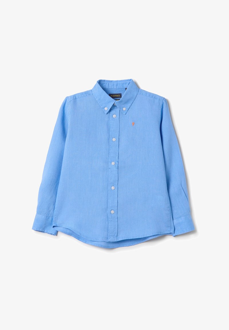 Camicia button-up azzurro chiaro realizzata in tessuto texturizzato, con un piccolo logo ricamato "P" sul petto e un design del colletto classico.