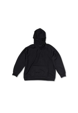 Felpa nera a maniche lunghe con cappuccio, coulisse e tasca frontale a marsupio su sfondo bianco.