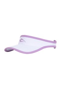 Weißer Visor mit gebogenem Schild, akzentuiert in helllila. Besitzt eine glatte Textur und ein gesticktes Logo auf dem vorderen Band.