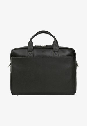 Attaccatura in pelle nera con doppie maniglie superiori, chiusura con zip e superficie testurizzata. Design minimalista con marchio sottile sul davanti.