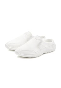 White slip-on shoes made of smooth synthetic material, featuring a rounded toe, elastic side accents, and a cushioned sole with ribbed texture.