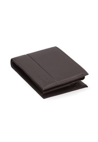 Portafoglio in pelle marrone con texture liscia, design bifold e logo impresso; presenta molteplici scomparti per carte e contante.
