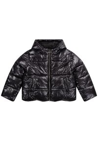 Černá bunda s prošíváním s lesklým, texturovaným povrchem. Má zip vpředu, kapuci a dvě přední kapsy. Boxy střih s krátkými rukávy.