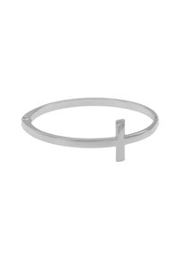 Sølvmetall bangle armbånd med en minimalistisk korsdetalj. Enkle runde former med glatt tekstur og polert finish.