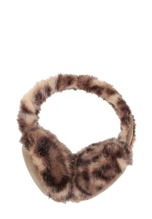 Faux fur ear warmers with a brown and beige leopard print design, featuring a soft texture and a flexible, padded headband.