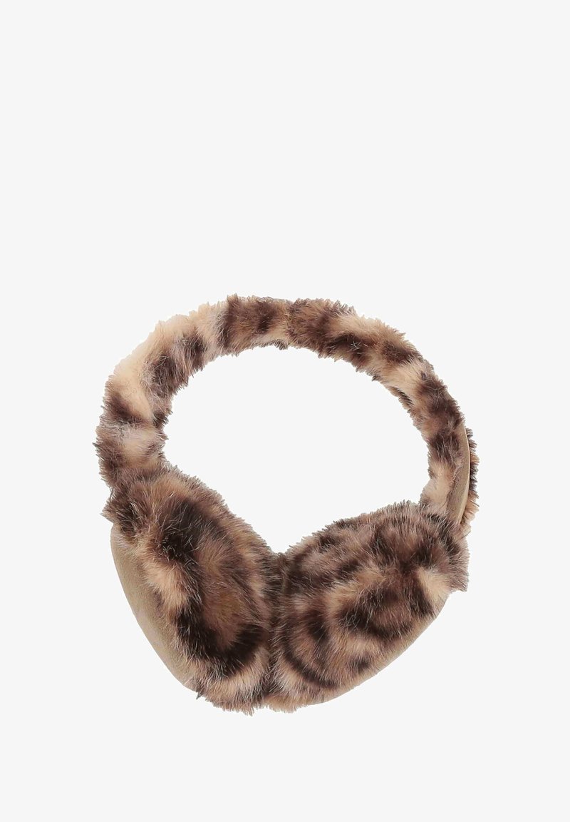 Scaldacollo in pelliccia sintetica con una fantasia leopardata marrone e beige, caratterizzati da una texture morbida e un cerchietto flessibile imbottito.