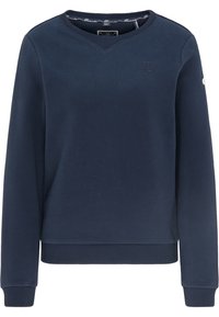 Sudadera azul marino con cuello en V, puños y bajo acanalados, que presenta un pequeño logo de ancla en el pecho. Tejido suave con una textura lisa.