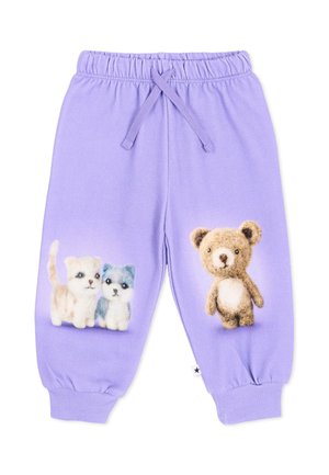 Pantaloni lilla chiaro da bambino con vita e polsini elasticizzati, con immagini stampate di due gattini sulla gamba sinistra e un orsacchiotto sulla gamba destra.