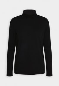 Schwarzer Rollkragenpullover mit langen Ärmeln, aus leichtem Material gefertigt, mit einer taillierten Silhouette und einer glatten Textur.