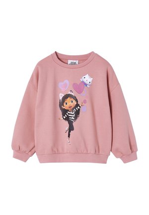 Rosa Sweatshirt mit langen Ärmeln und rundem Ausschnitt. Das Grafikdesign auf der Vorderseite zeigt ein Mädchen in einem gestreiften Outfit und eine Cartoon-Katze, umgeben von Herzen.