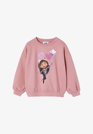 Pink sweatshirt featuring long sleeves and a round neckline. Front graphic design includes a girl in a striped outfit and cartoon cat, with hearts.
