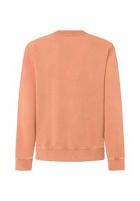 Sudadera de color melocotón con cuello redondo, puños y dobladillo acanalados. Textura suave y diseño simple y minimalista, mostrando la vista trasera.