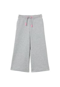 Grijze sweatpants met een wijd beenontwerp, voorzien van een taille met trekkoord met roze accenten en kleine, meerkleurige stippen over de stof verspreid.
