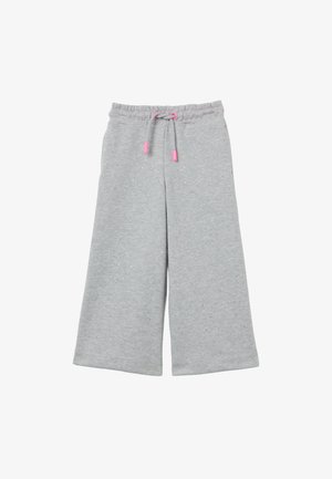 Pantalones de chándal grises con un diseño de pierna ancha, que cuentan con una cintura con cordón de ajuste y acentos en rosa, así como pequeñas motas multicolores en toda la tela.