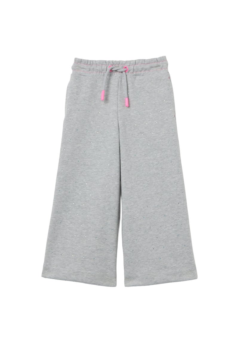 Grijze sweatpants met een wijd beenontwerp, voorzien van een taille met trekkoord met roze accenten en kleine, meerkleurige stippen over de stof verspreid.
